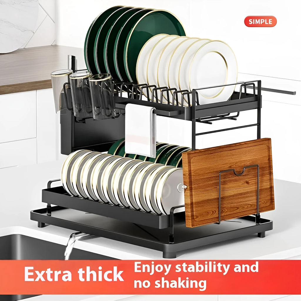 White double-layer metal kitchen draining rack with a removable top tray on a countertop.