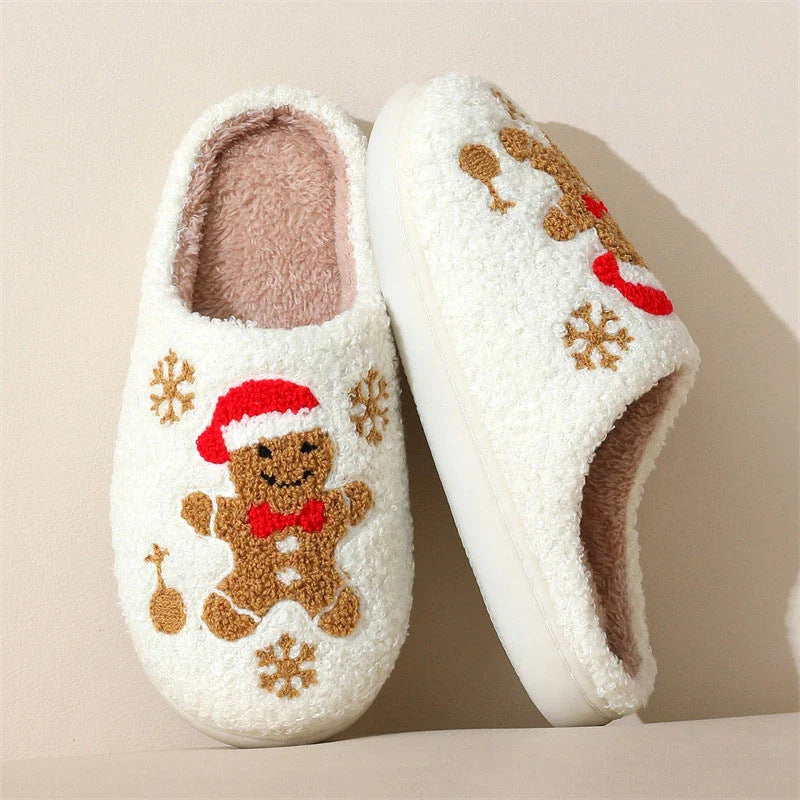 Cozy gingerbread snowflake pattern slippers with plush upper and non-slip sole for comfortable indoor wear