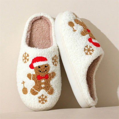 Cozy gingerbread snowflake pattern slippers with plush upper and non-slip sole for comfortable indoor wear