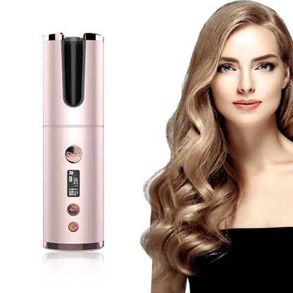Wireless rechargeable curling iron with automatic rotation in grey, pink, gold, and purple