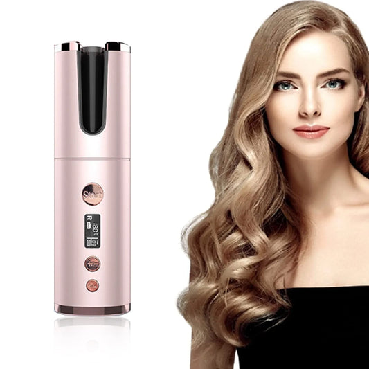 Wireless rechargeable curling iron with automatic rotation in grey, pink, gold, and purple