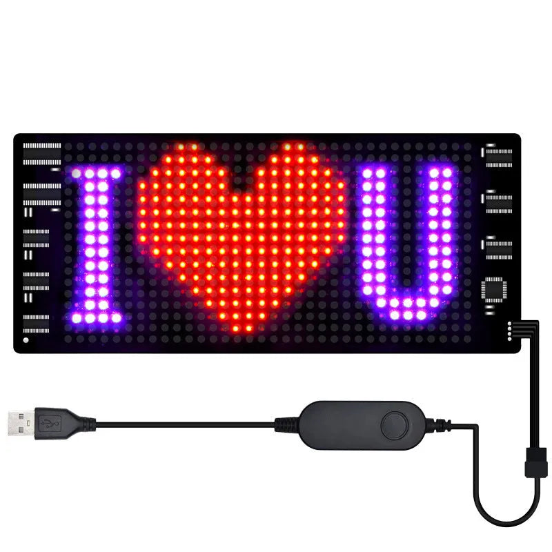 Flexible programmable LED car sign displaying colourful animated text, controlled via smartphone app.