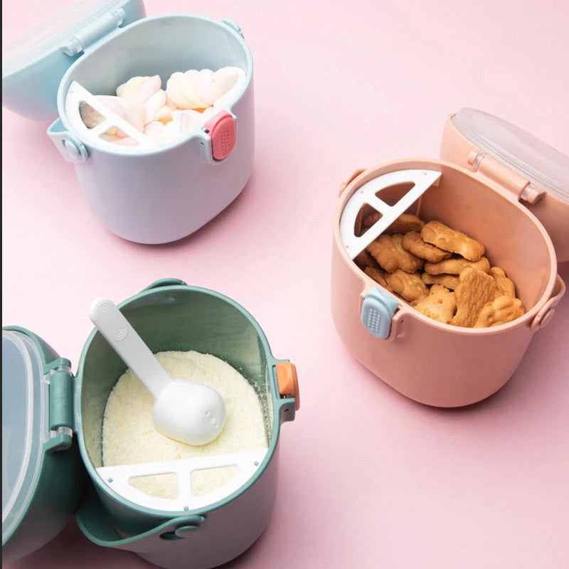 Large portable airtight baby milk powder container with scoop in blue, green, and pink