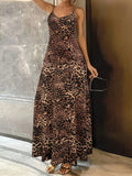 Dark brown leopard print sleeveless dress with round neck and shoulder straps in milk silk polyester fabric