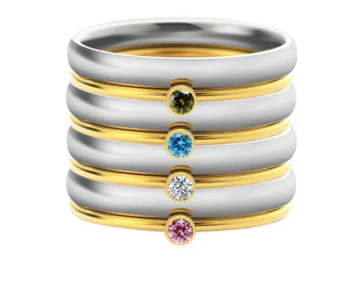Yellow titanium steel ring with a December birthstone and engraved geometric pattern.