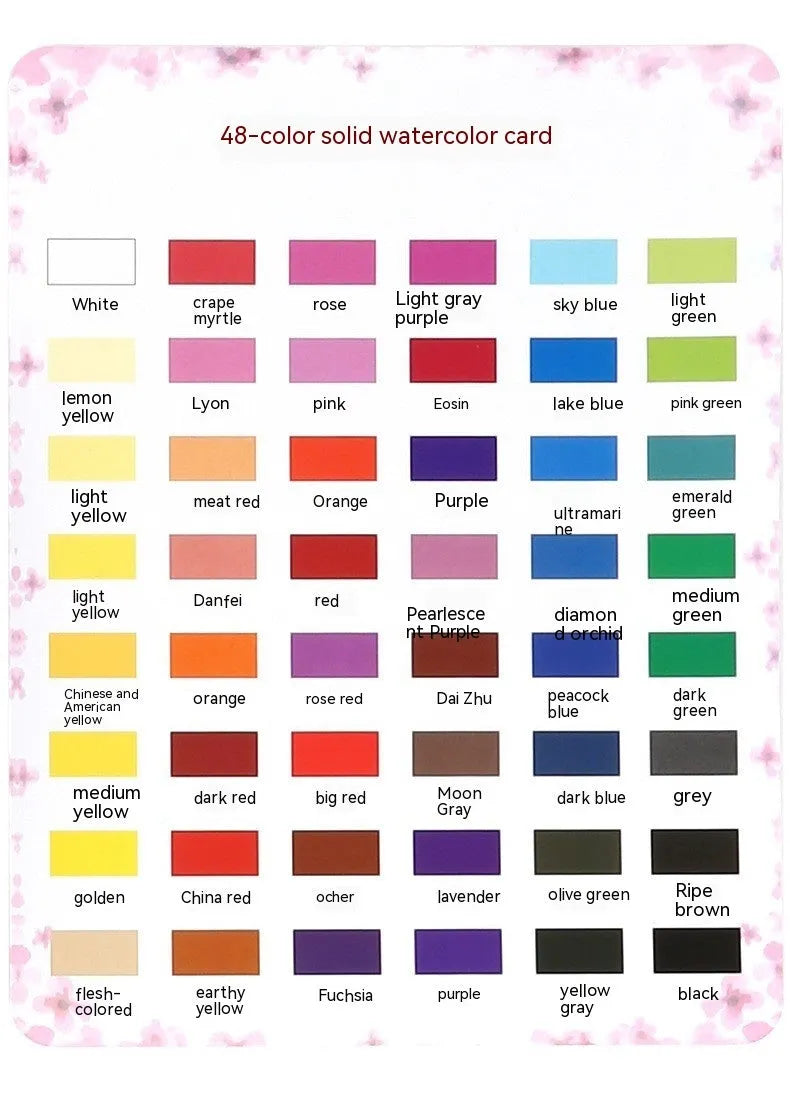 48 colour solid watercolour paint set showing Black Knight, Girl Pink and Sunshine Blue pans in plastic box