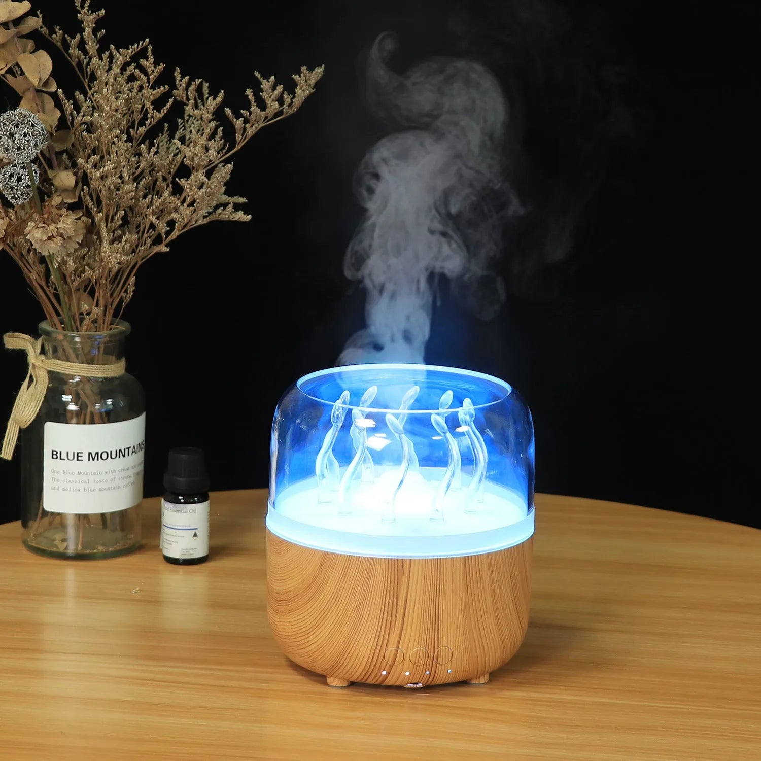 Wood grain rotating jellyfish ambience light humidifier with remote control and ultrasonic mist