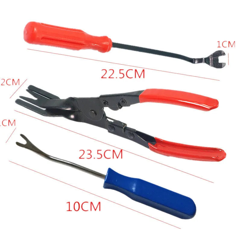 Red-handled automotive clip driver nailing tool for General Motors door panel installation