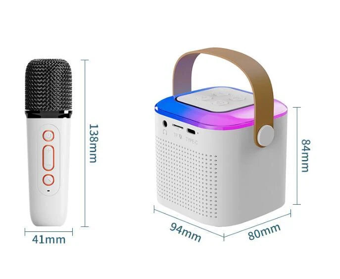 Portable karaoke machine with dual wireless microphones and RGB lighting