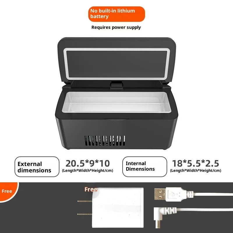 Portable insulin frozen box in white with fast refrigeration and rechargeable battery for car and home use