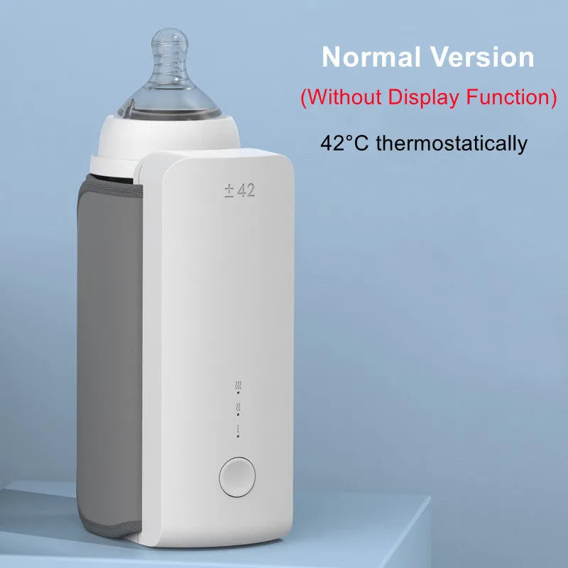 Portable USB-charged baby bottle warmer showing wrap-around design for universal bottle fitting
