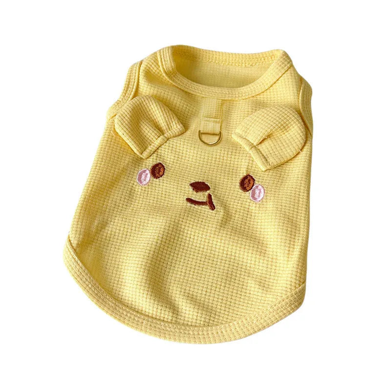 Waffle texture polyester vest for dogs and cats in yellow, pink and white colours showing casual pet clothing design