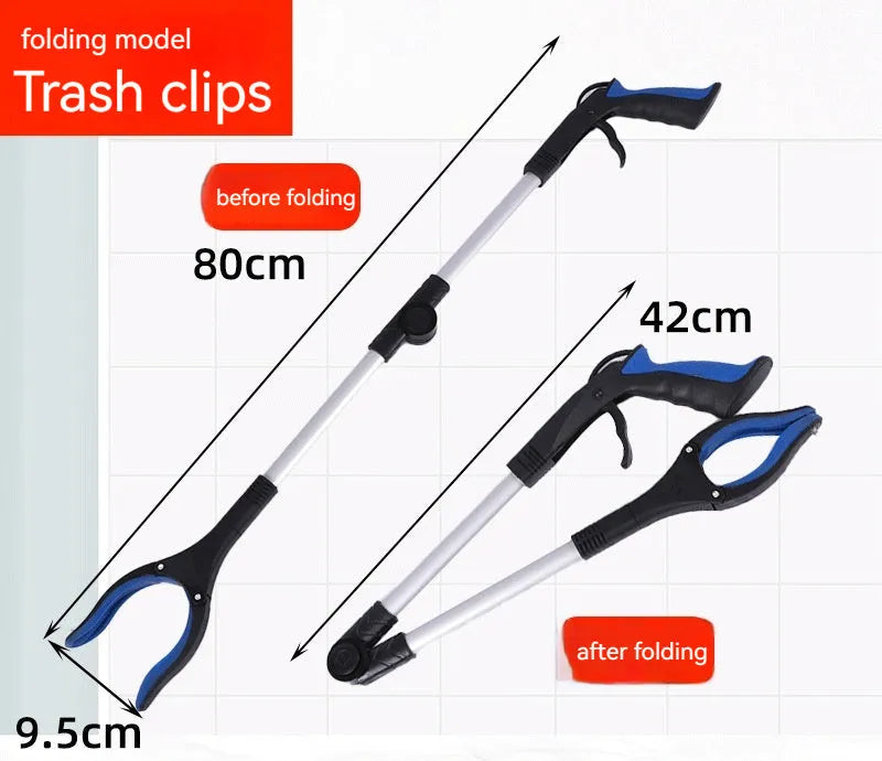 Foldable aluminium rubbish grabber with magnet, shown extended and in blue, orange, and yellow handle colours.