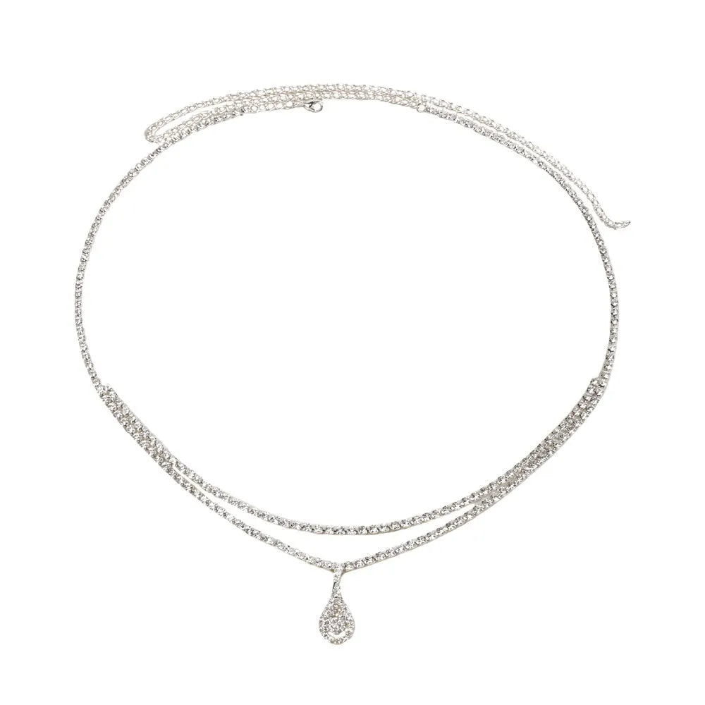 Gold or silver water drop pendant waist chain with 115cm length and lobster clasp fastening
