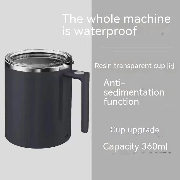 White automatic stirring coffee cup with magnetic base and stainless steel interior