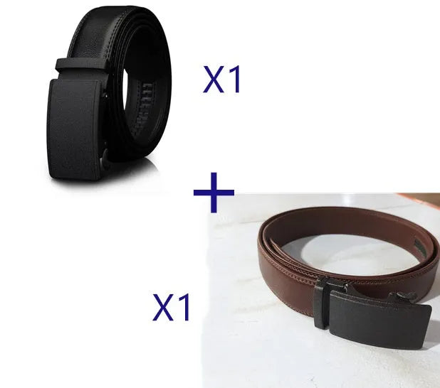 Automatic buckle two-layer cowhide belt men black rectangle alloy buckle single loop
