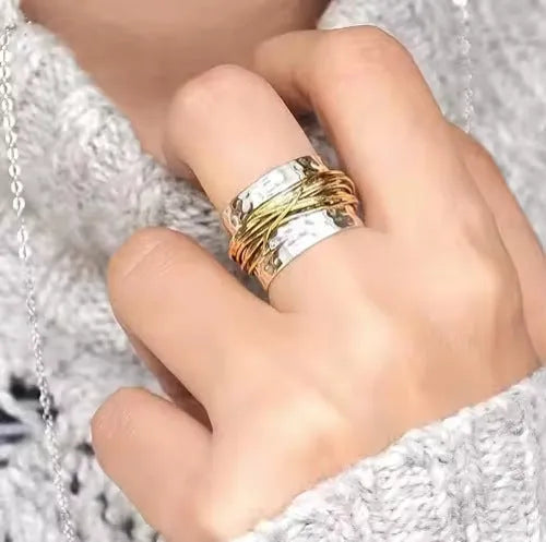 Two-tone alloy ring with hammered metal coil design in sizes no.6 to no.10