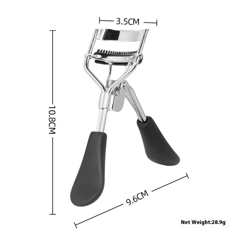 A4 manual eyelash curler with comb in black ribbon finish, carbon steel and ABS construction.