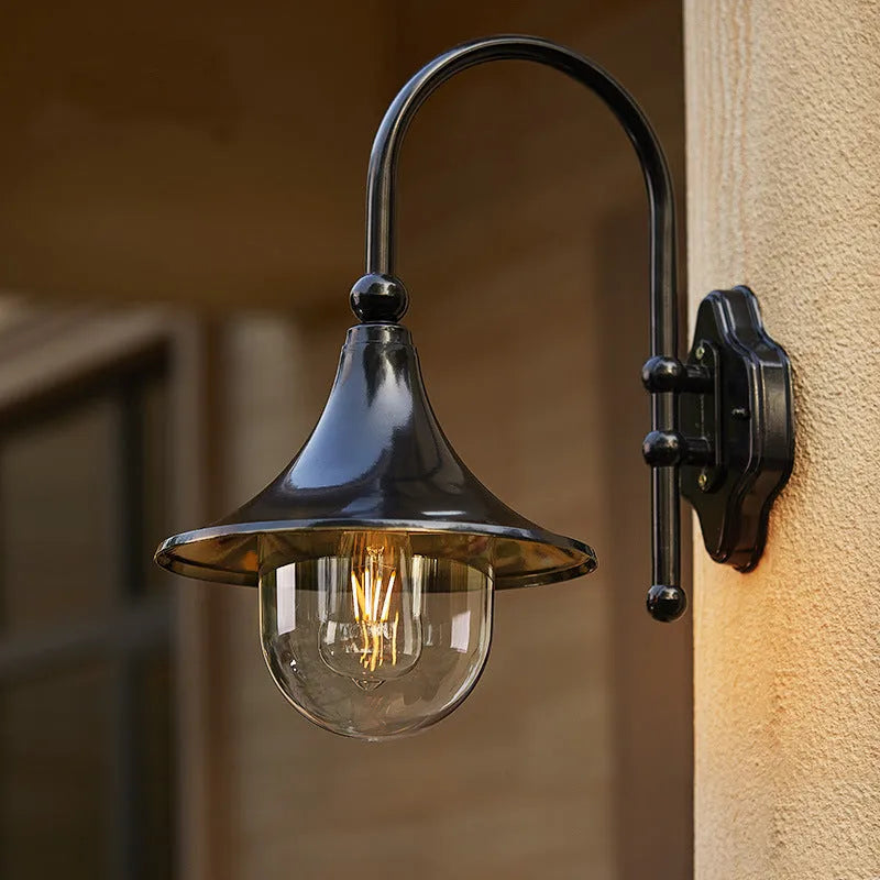 Horn-shaped outdoor wall lamp in aluminium with warm light, designed for gates, balconies, and garden walls