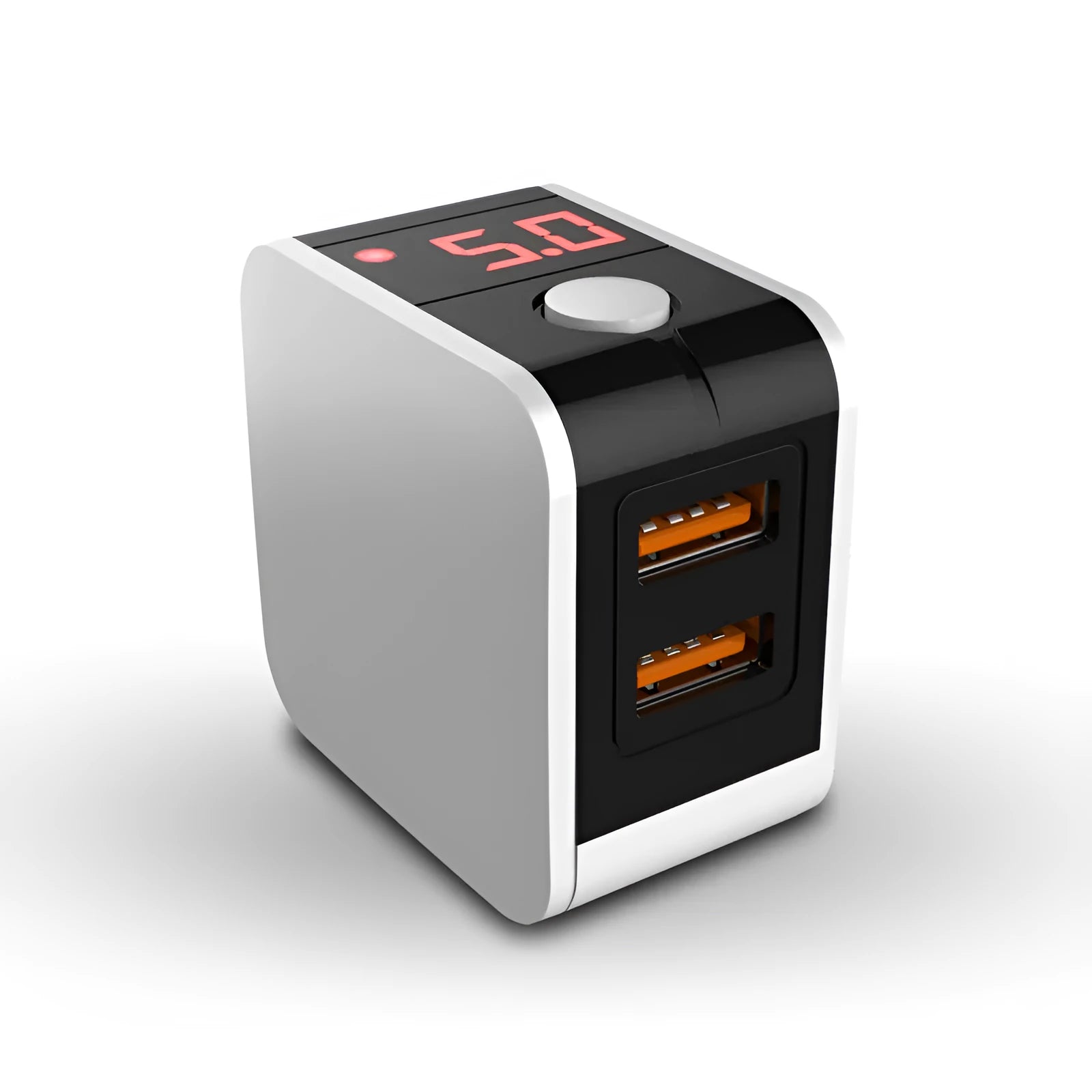 Black 5V 2.4A dual USB travel charger with digital display plugged into a wall socket.