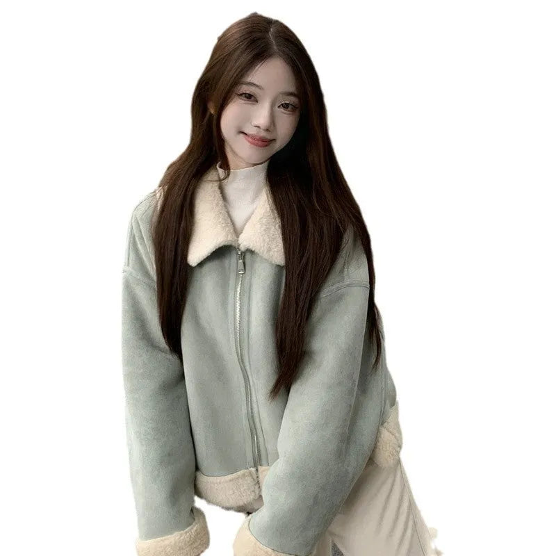 Korean-style loose fit thick chenille coat for women in light blue, distressed detailing, full length front view