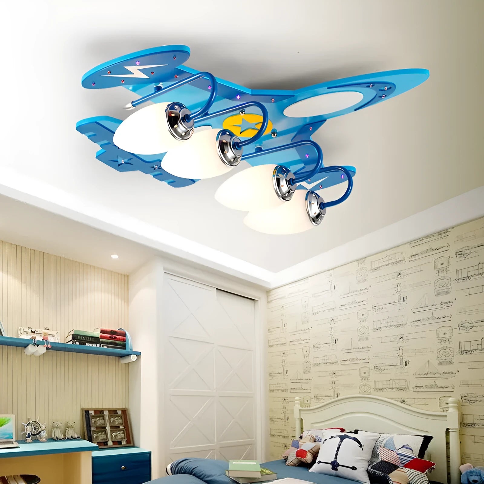 Children's cartoon airplane ceiling light with wood art construction and rectangular glass shade