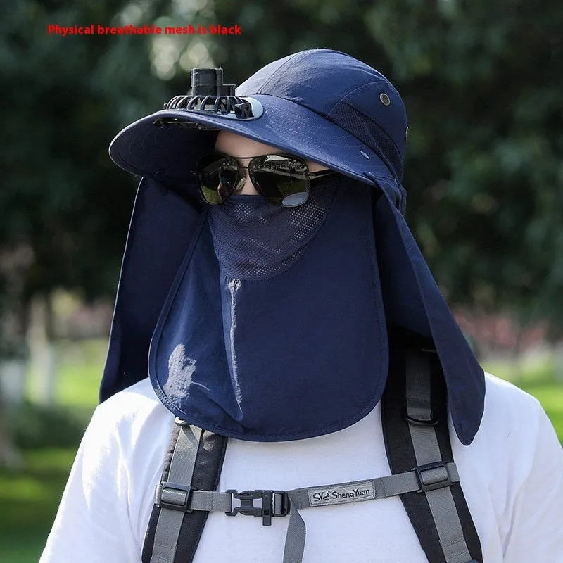 Man wearing a khaki sun hat with a built-in USB-rechargeable fan for face and neck protection.