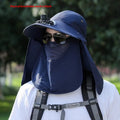 Man wearing a khaki sun hat with a built-in USB-rechargeable fan for face and neck protection.