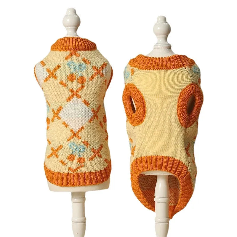 Orange cherry coloured thick knit cat sweater for autumn and winter, shown on a cat.