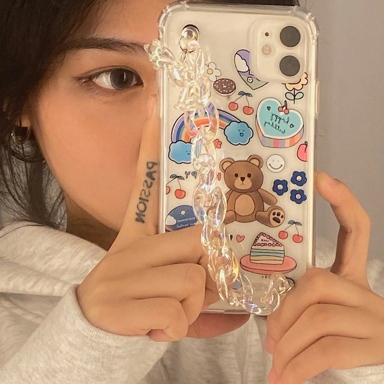 Bear chain protective iPhone case with TPU material and Japanese Korean cartoon design