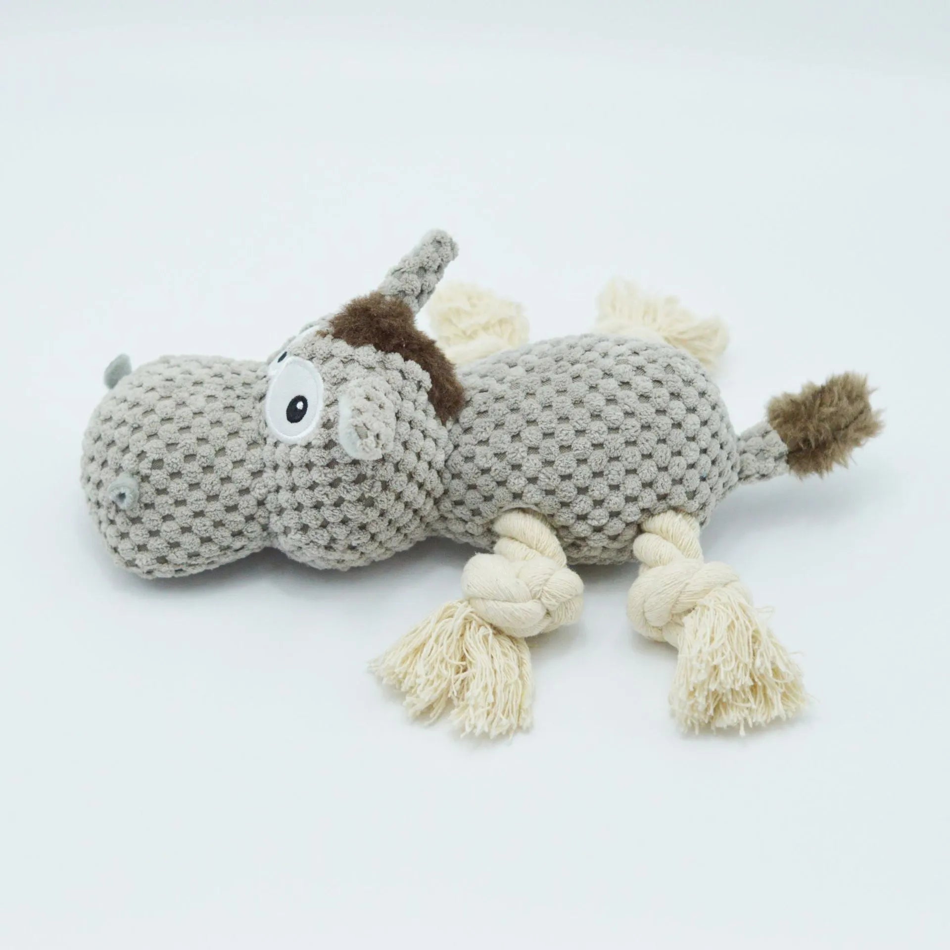 Grey donkey-shaped plush dog toy with squeaker measuring 27cm long