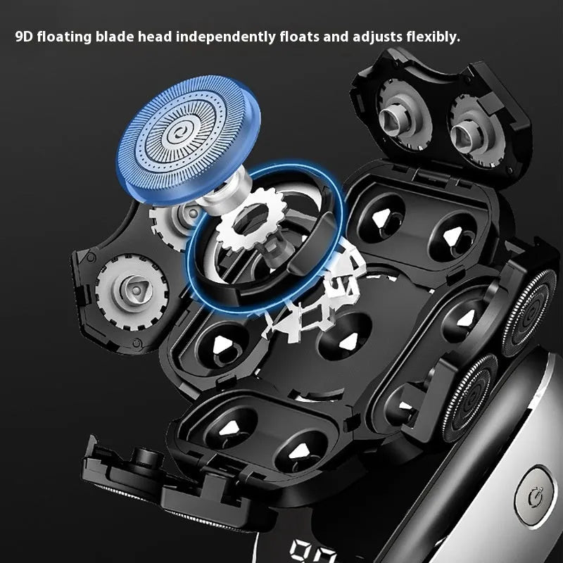 Black rechargeable 6-in-1 hair clipper kit with shaving head, nose trimmer, massage head, cleansing brush and three comb guards