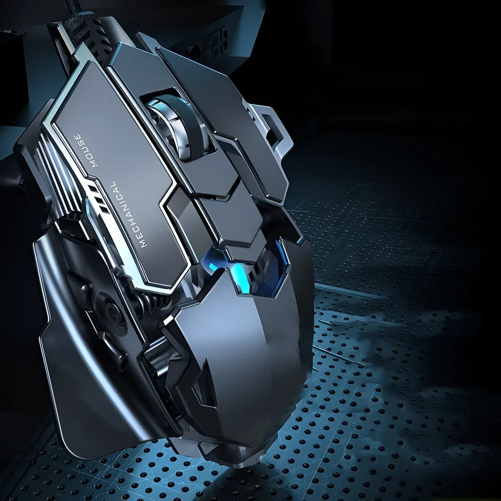 Forerunner MK500 wired gaming mouse in metallic black with seven buttons and USB cable