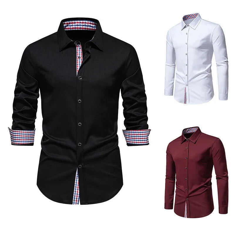 Men's loose-fitting plaid long-sleeved casual shirt in wine red, hanging on a background.