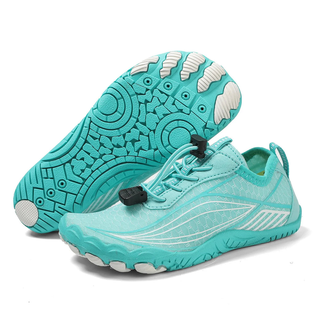Children's blue swimming shoes with non-slip rubber soles and elastic band closure for beach and pool use