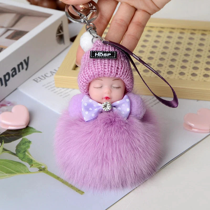 Hand-woven fox fur sleeping doll plush keychain pendant with or without bow