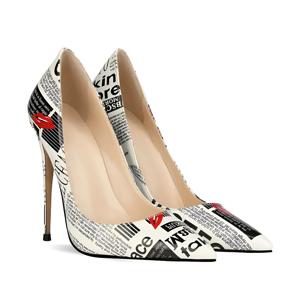 12cm graffiti fashion women's pointed toe stiletto heels with rhinestones on catwalk