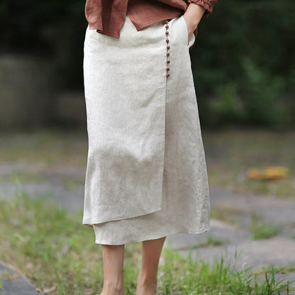 Mid-length raw jute color skirt with artistic irregular stitching in hemp