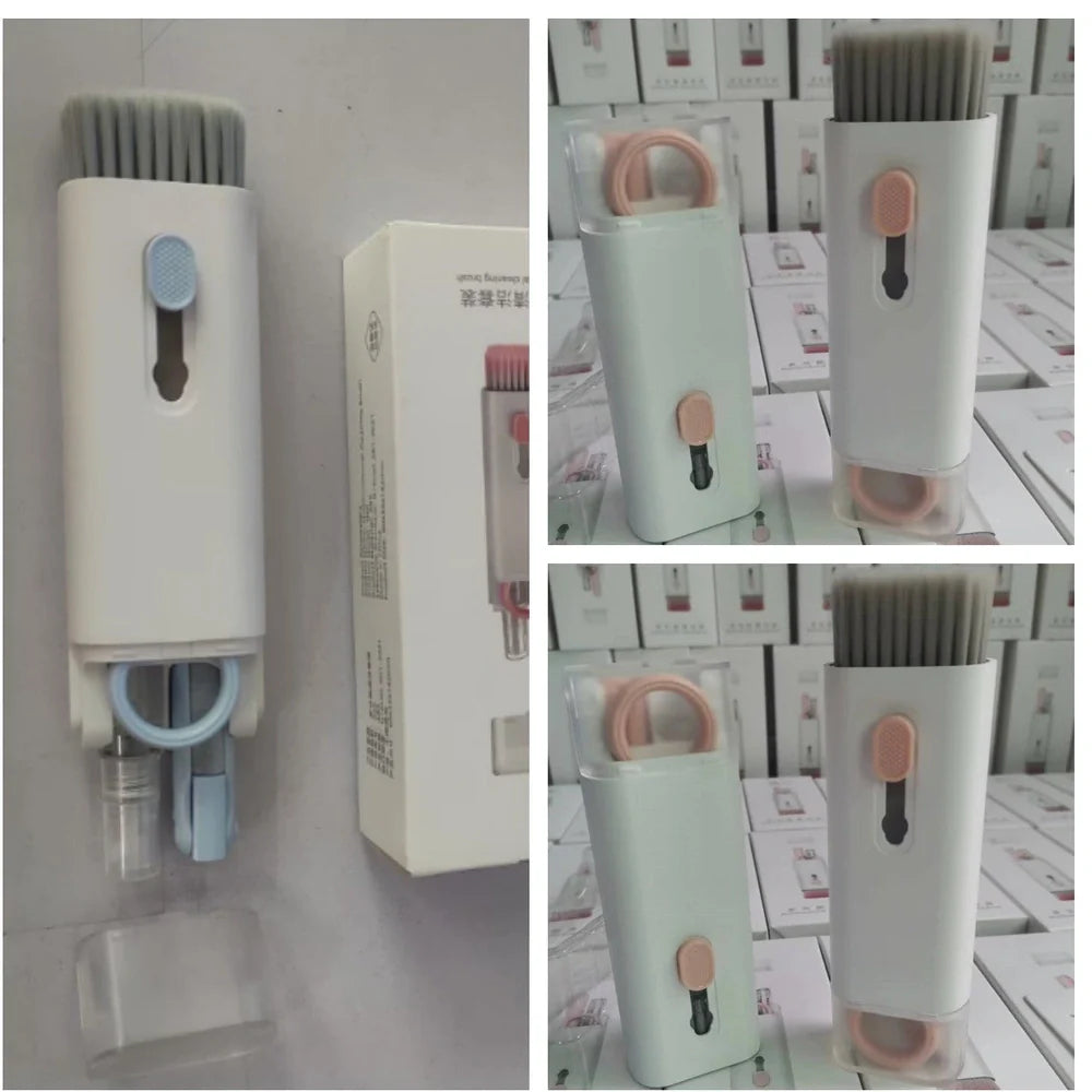 Pink and blue computer cleaning pen set with brush, keycap tool, and empty spray bottle