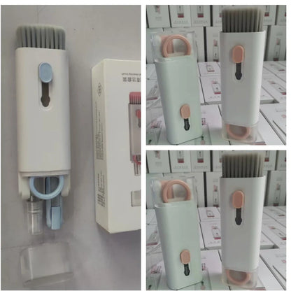 Pink and blue computer cleaning pen set with brush, keycap tool, and empty spray bottle