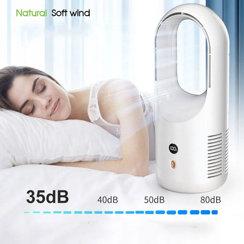 A compact white bladeless desk fan with an LED display, showing its dimensions and safe, blade-free air outlet.