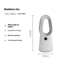 White bladeless tower fan with touch screen controls and remote on a desk.