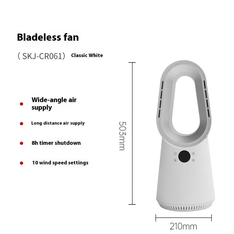 White bladeless tower fan with touch screen controls and remote on a desk.