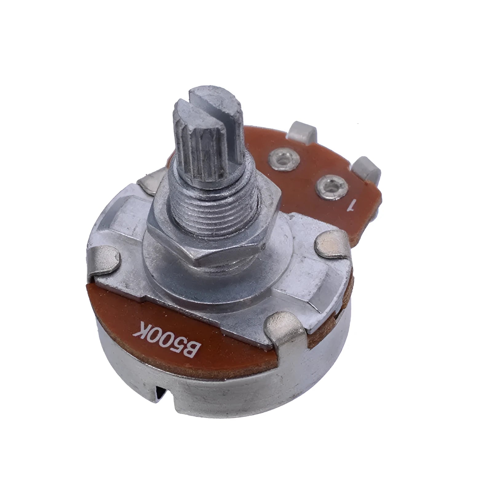 A single metal potentiometer knob for electric guitar tone or volume control.