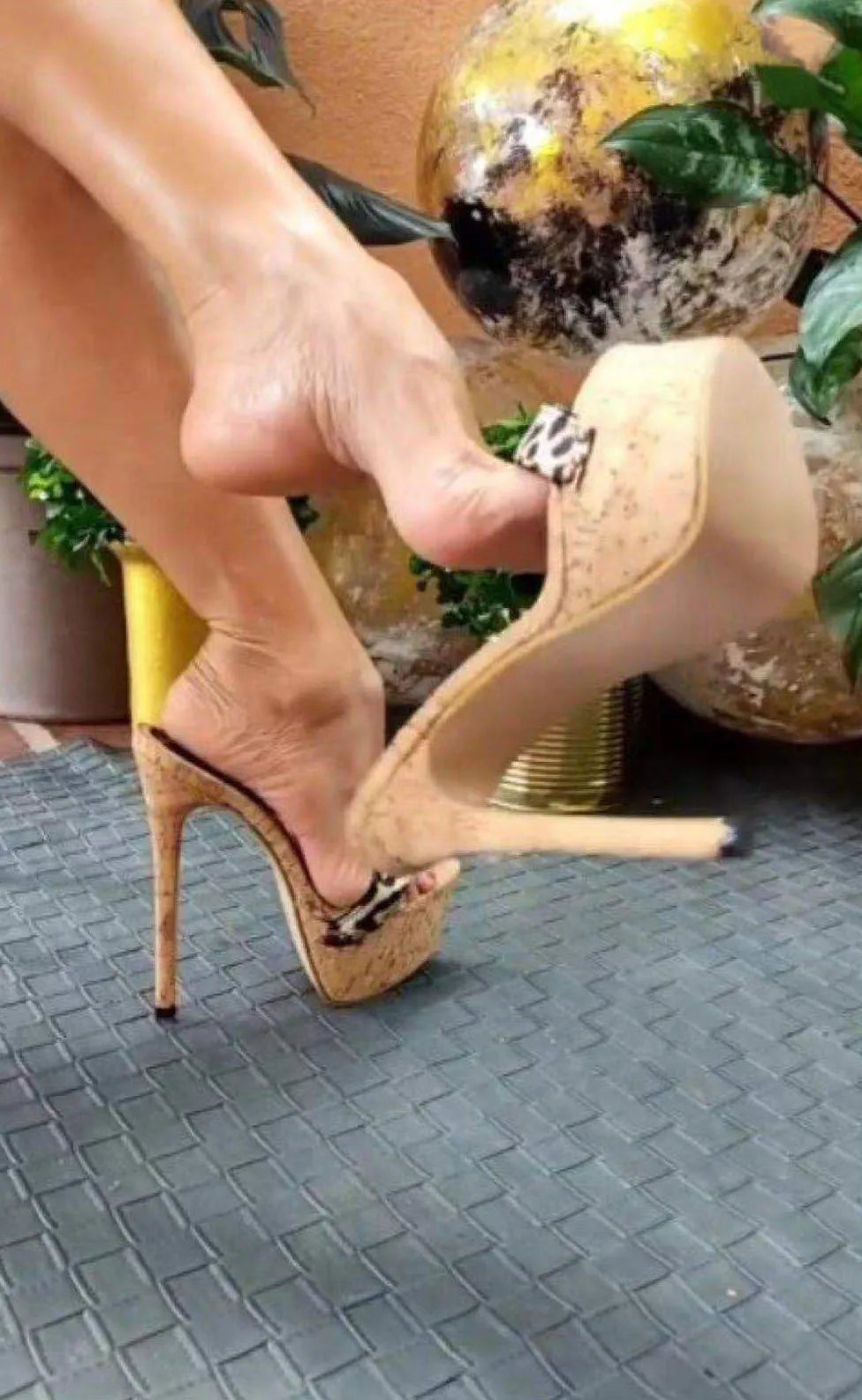 Leopard print women's high heel slippers 16cm heel 7cm platform apricot colour open toe
