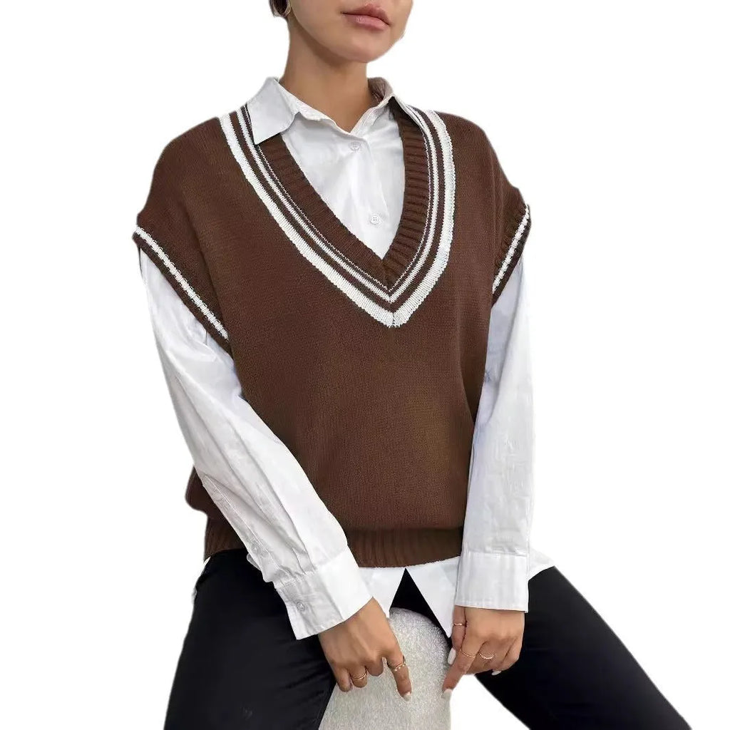Women's loose college style vest sweater in black, blue or coffee colour options