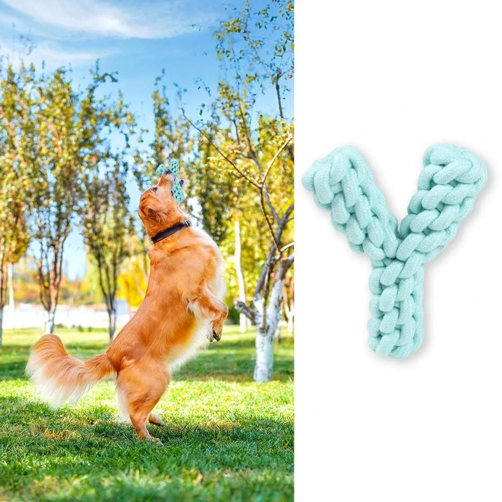 Blue Y-shaped cotton rope dog chew toy for large breeds on a white background.