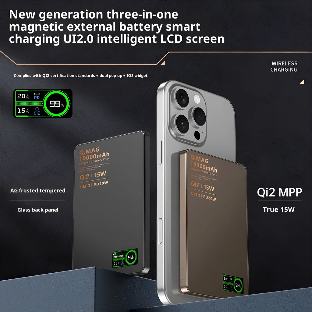 Ultra-thin magnetic power bank with Qi2 certification, aluminium alloy shell, glass back panel, and smart digital display showing 5000mAh battery capacity