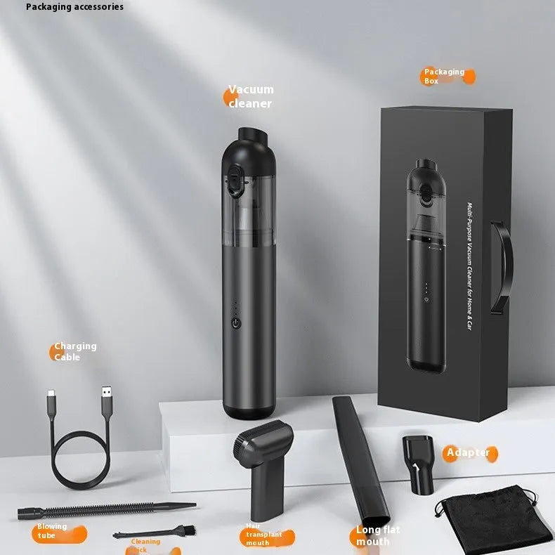 Handheld wireless vacuum and dust blower in black with attachments for car and home cleaning