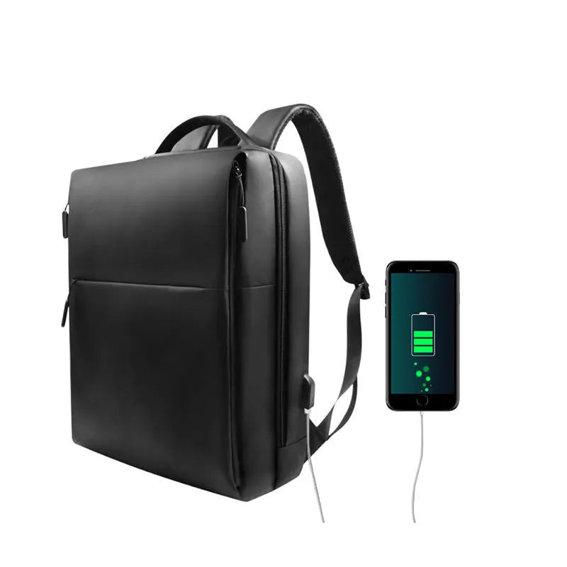 Black anti-splash polyester laptop backpack with car stitching detail and zipper closure, unisex
